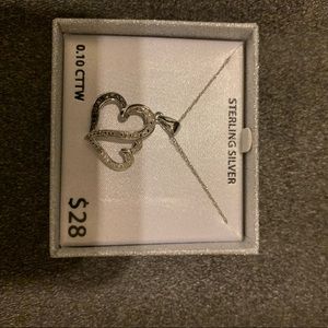 Silver double heart diamond chip necklace